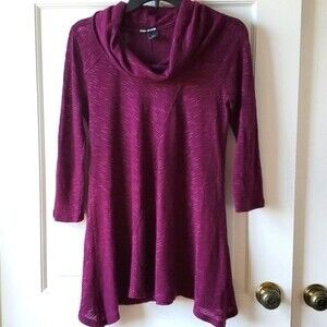 DKNY JEANS COWL NECK FLOWY TUNIC SWEATER SZ MEDIUM BURGUNDY PURPLE LAGENLOOK